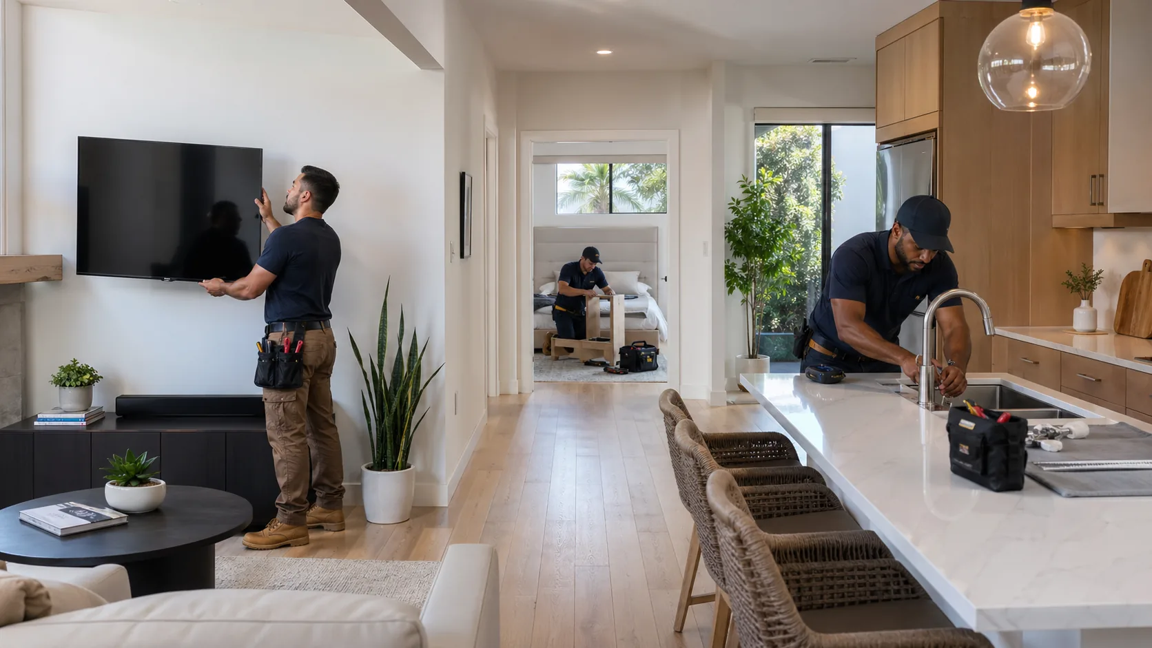 Three professional handymen working in a modern Los Angeles home — TV mounting in the living room, furniture assembly in the bedroom, and kitchen faucet installation